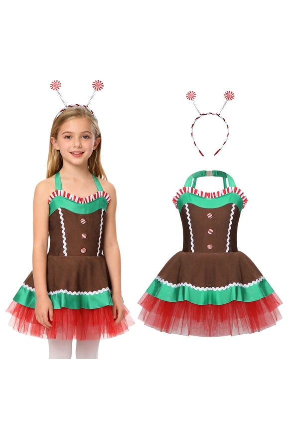 Girls Christmas Sleeveless Dress with Hair Hoop Dance Tulle Outfits Brown 4