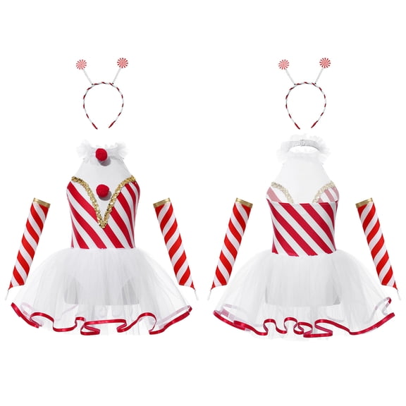 iiniim Girls Christmas Stripes Dance Ballet Tutu Leotards Dress with Hair Hoop Oversleeves Red 6