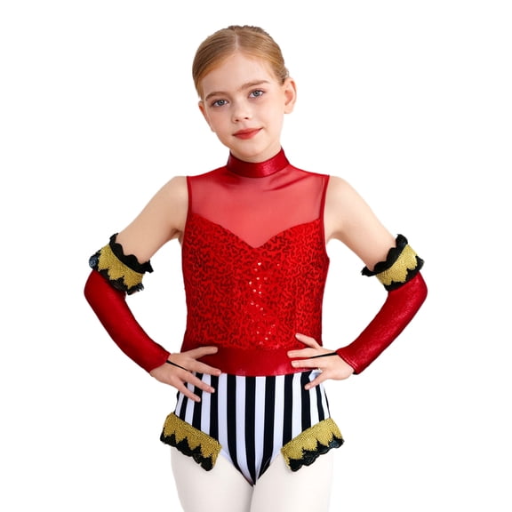 iiniim Girls Circus Outfit Sequin Striped Leotard with Arm Sleeve Set for Carnival Fancy Party Red 6