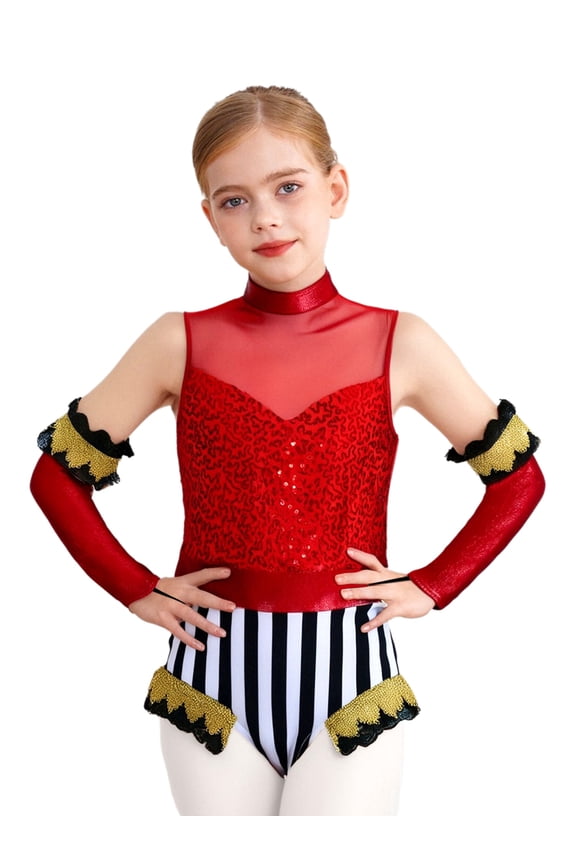 Girls Circus Outfit Sequin Striped Leotard with Arm Sleeve Set for Carnival Fancy Party Red 6