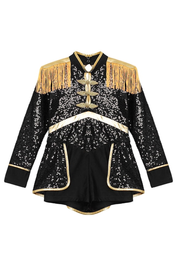 Girls Circus Ringmaster Show Costume Sequins Tassel Long Sleeve Leotard Skirts Role Play Black 6
