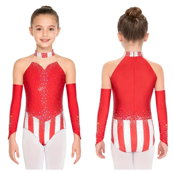 iiniim Girls Circus Show Leotard 2 PC Set Sparkly Rhinestone Ballet Dancewear Red 16