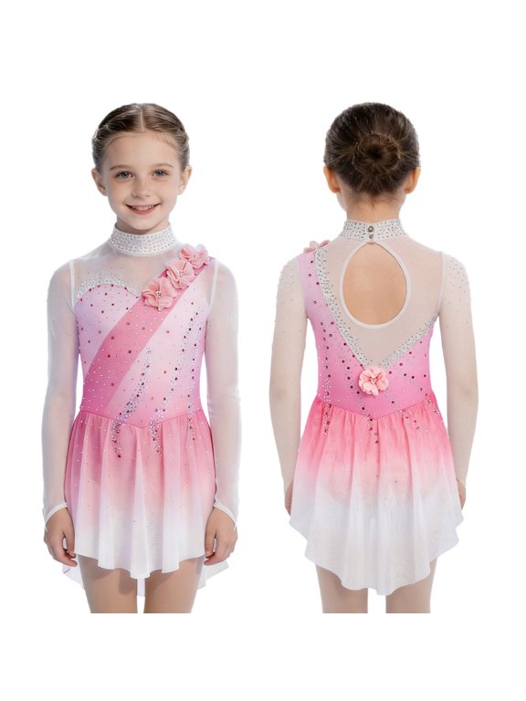 Girls Competition Figure Ice Skating Dress Gymnastics Dancewear Ballet Skirted Leotard Pink 6