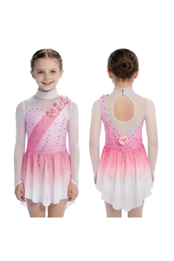 Girls Competition Figure Ice Skating Dress Gymnastics Dancewear Ballet Skirted Leotard Pink 6