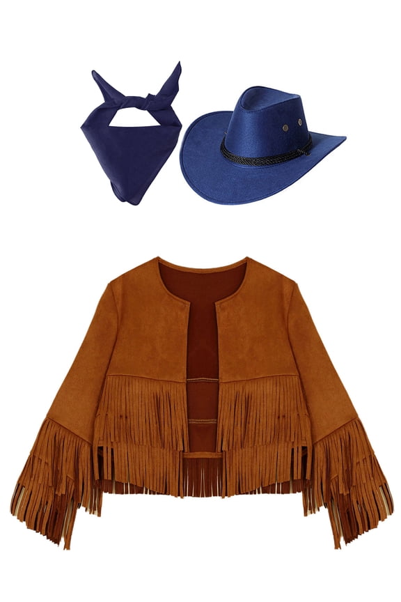Girls Cowboy Cowgirl Halloween Costume Wild Western Sheriff Tassels Fringe Coat with Bandana Hat Outfits Brown&Blue 16