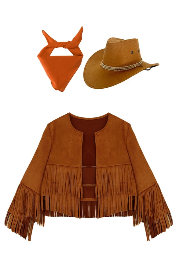 Girls Cowboy Cowgirl Halloween Costume Wild Western Sheriff Tassels Fringe Coat with Bandana Hat Outfits Brown&Orange 6