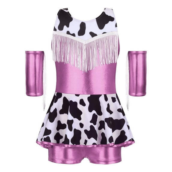 iiniim Girls Cowgirl Outfit 2 Pcs Shiny Fringe Leotard Tutu Skirt and Headband for Dance Party Pink 12