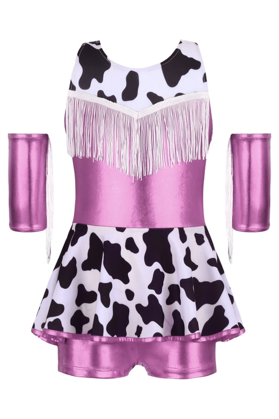 Girls Cowgirl Outfit 2 Pcs Shiny Fringe Leotard Tutu Skirt and Headband for Dance Party Pink 6
