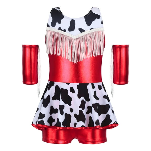iiniim Girls Cowgirl Outfit 2 Pcs Shiny Fringe Leotard Tutu Skirt and Headband for Dance Party Red 6