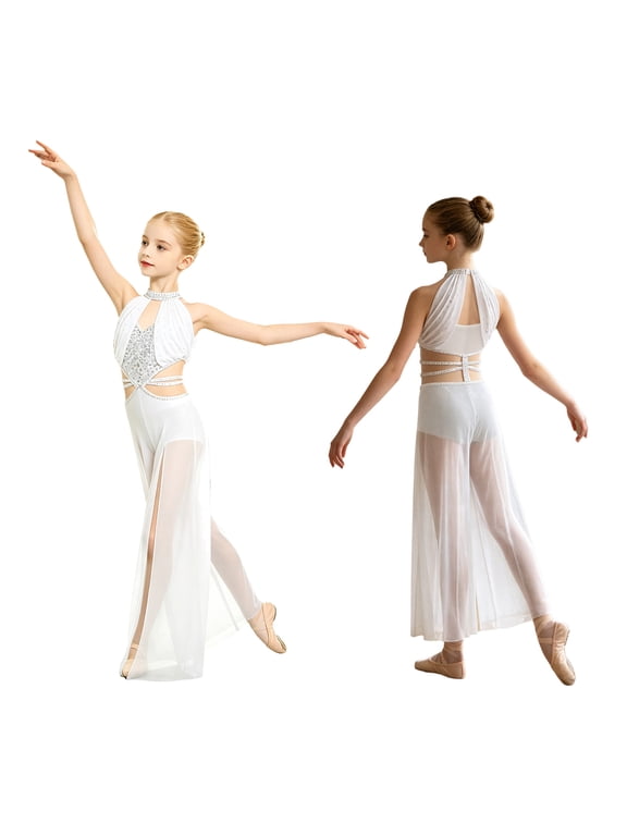 Girls Dance Bodysuit Figure Ice Skating Jumpsuit Sparkly Gymnastics Leotard for Stage Performance White 8