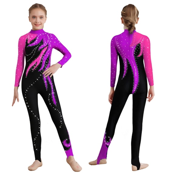 iiniim Girls Dance Full Body Unitard Sparkle Rhinestones Gymnastics Leotard Long Sleeve Bodysuit Jumpsuit Hot Pink&Purple 6