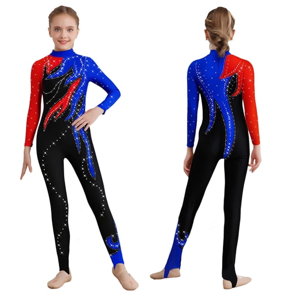 iiniim Girls Dance Full Body Unitard Sparkle Rhinestones Gymnastics Leotard Long Sleeve Bodysuit Jumpsuit Red&Blue 16