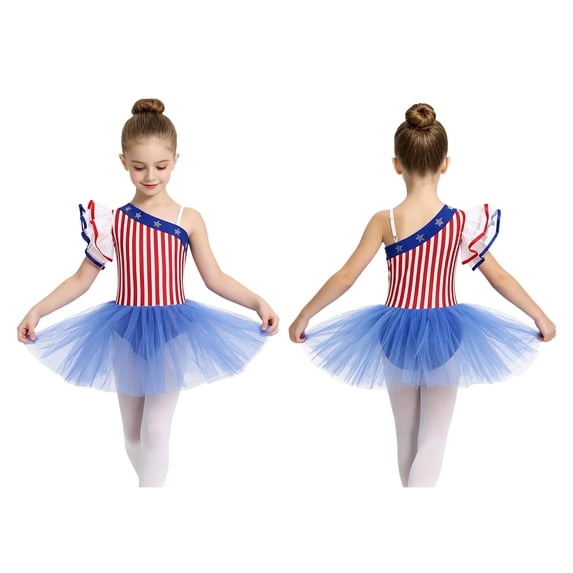 iiniim Girls Dance One Shoulder Ruffle Sleeve Festival Dancewear Stage Performance Ballet Tutu Dress Red White Blue 10