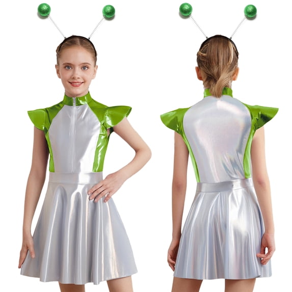 iiniim Girls Dance Outfit Metallic Cap Sleeve Zip Up Dress with Headband Robot Theme Performance Wear Fluorescent Green 12
