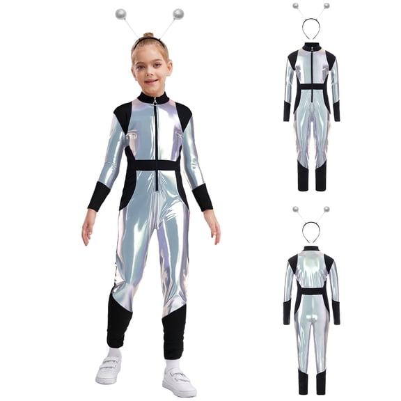 iiniim Girls Dance Outfit Metallic Long Sleeve Zip Neck Jumpsuit with Hair Hoop Silver 8