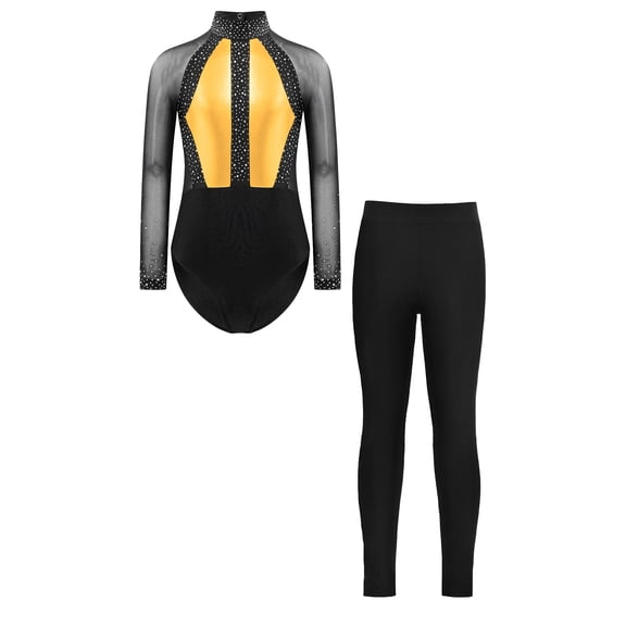 iiniim Girls Dance Unitard Ice Skating Outfits Long Sleeve Gymnastics Leotard with Yoga Leggings Pants Set Activewear Gold 16