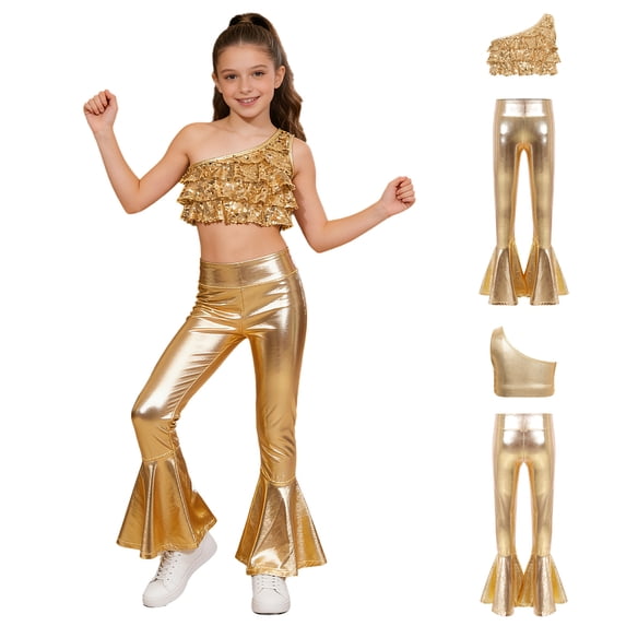 iiniim Girls Disco Jazz Hip Hop Street Dance Outfits Sequins Ruffle Crop Top with Flared Leggings Pants Set Gold 16
