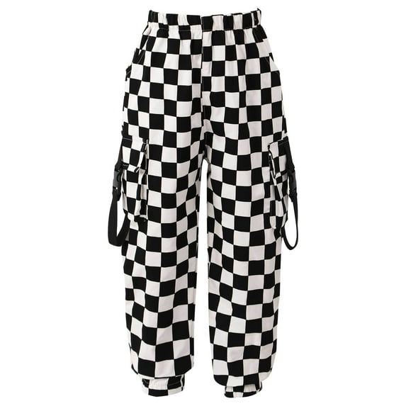 iiniim Girls Fashion Plaid Print Cargo Pants Elastic Waist Baggy Athletic Sport Sweatpants 3-16 A Type B Black 15-16