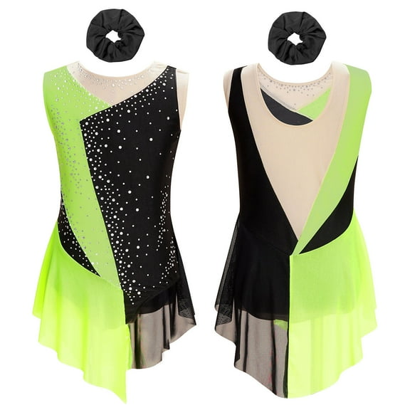 iiniim Girls Figure Ice Roller Skating Dress Gymnastics Leotards Lyrical Jazz Latin Ballet Dancewear Fluorescent Yellow&Black 14