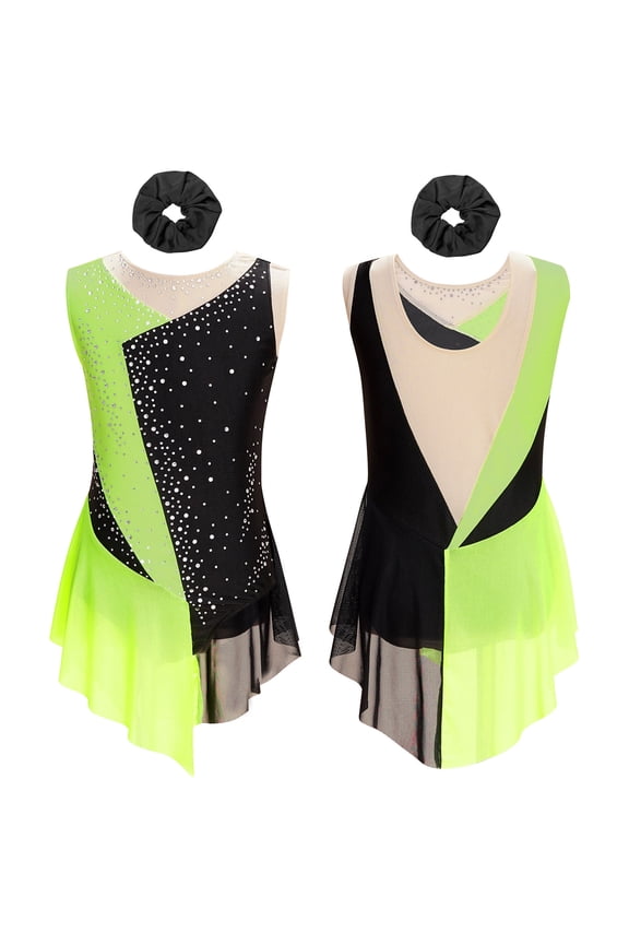 Girls Figure Ice Roller Skating Dress Gymnastics Leotards Lyrical Jazz Latin Ballet Dancewear Fluorescent Yellow&Black 6