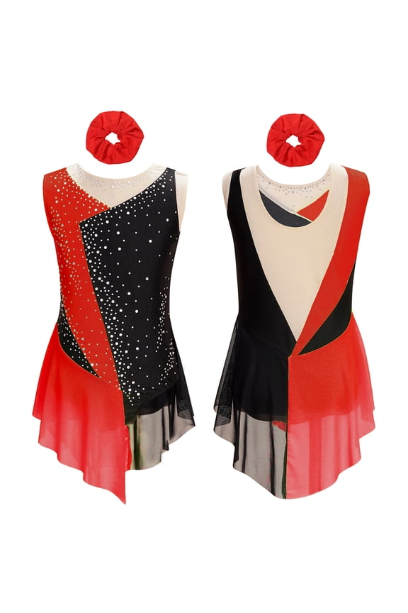 Girls Figure Ice Roller Skating Dress Gymnastics Leotards Lyrical Jazz Latin Ballet Dancewear Red 6