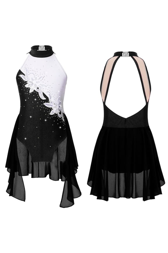 Girls Figure Ice Skating Dress Ballet Dance Gymnastic Tutu Skirted Age 6-16 A Black 14