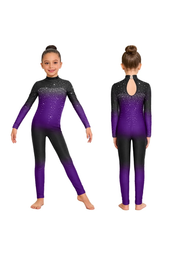 Girls Long Sleeve Unitard Full Body Jumpsuit Gradient Gymnastics Ballet Leotard One Piece Bodysuit Dancewear Purple 8