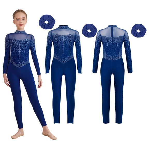 iiniim Girls Full Body Uniard Leotard Dance Bodysuit Rhinestones Skating Jumpsuit With Hairband Navy Blue 14