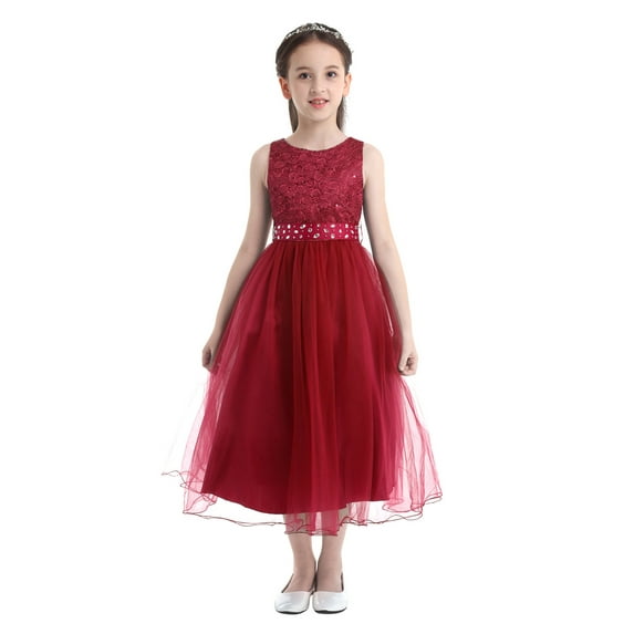 iiniim Girls Glitter Sequined Lace Tea Length Wedding Bridesmaid Party Flower Dress 2-12 Burgundy 12