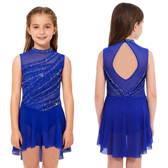 iiniim Girls Glittery Rhinestone Lyrical Dance Sleeveless Figure Ice Skating Dress Ballet Dancewear Blue 10