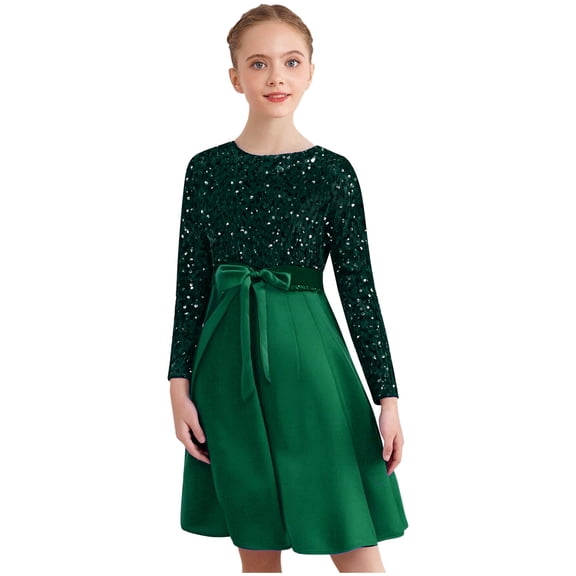 iiniim Girls Glittery Sequin Party Gown Round Collar Long Sleeve High Waist Belted Pleated Dress Green 10