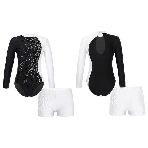 iiniim Girls Gymnastic Leotard Kids Rhinestone Long Sleeve Dance Unitard Biketards with Metallic Shorts Size 6-14 A White 8
