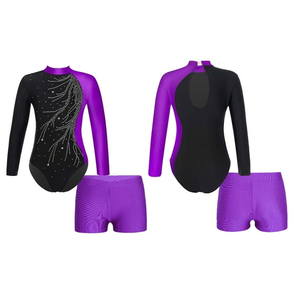 iiniim Girls Gymnastic Leotard Kids Rhinestone Long Sleeve Dance Unitard Biketards with Metallic Shorts Size 6-14 Purple 8