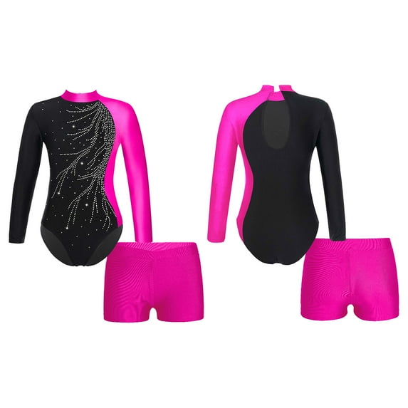 iiniim Girls Gymnastic Leotard Kids Rhinestone Long Sleeve Dance Unitard Biketards with Metallic Shorts Size 6-14 Rose 10