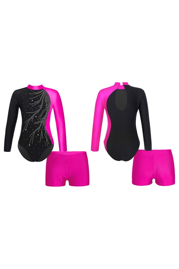 Girls Gymnastic Leotard Kids Rhinestone Long Sleeve Dance Unitard Biketards with Metallic Shorts Size 6-14 Rose 12
