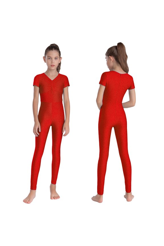 Girls Gymnastics Bodysuits Full Length Jumpsuit One Piece Tank Unitard Activewear Ballet Dance Leotard Red 6
