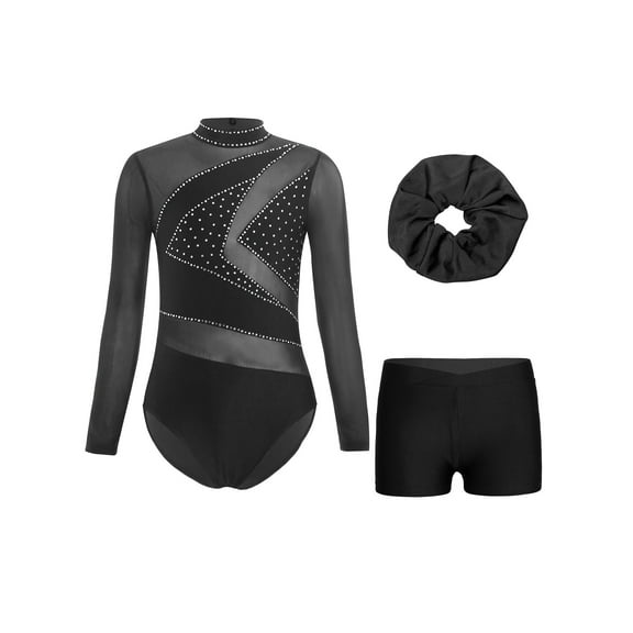 iiniim Girls Gymnastics Leotard with Shorts and Hairband Long Sleeve Ballet Tumbling Dance Unitard Black 6