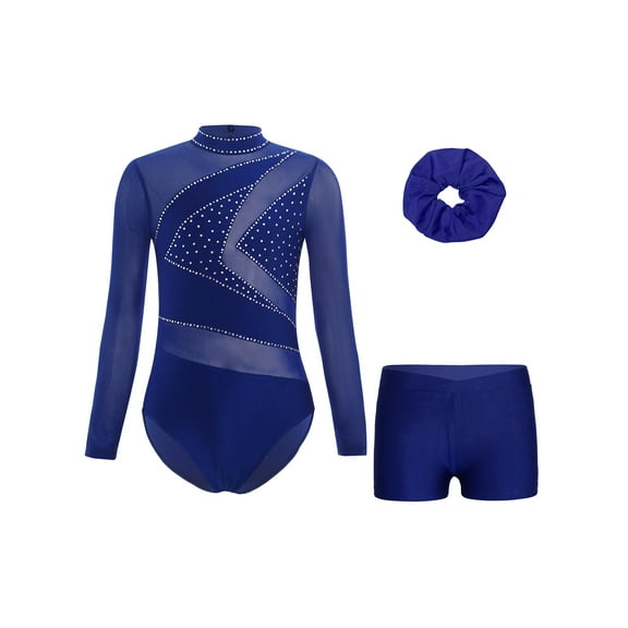 iiniim Girls Gymnastics Leotard with Shorts and Hairband Long Sleeve Ballet Tumbling Dance Unitard Navy Blue 8