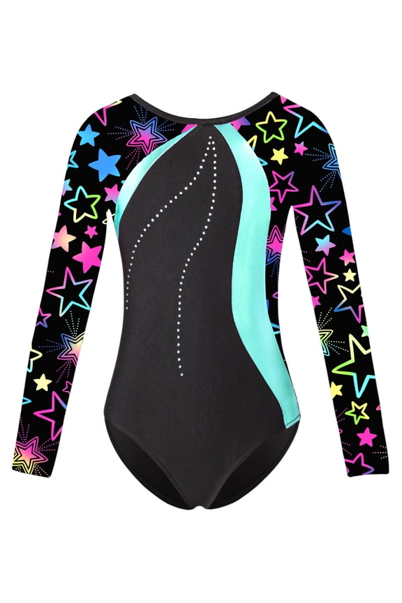 Girls Gymnastics Leotards One Piece Long Sleeve Ballet Dance Athletic Bodysuit Unitard Biketards Dancewear A Black Stars 12