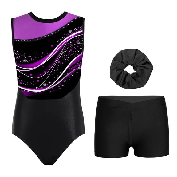iiniim Girls Gymnastics Leotards Sparkly Sleeveless Unitard Biketard with Shorts Hairband Purple 10