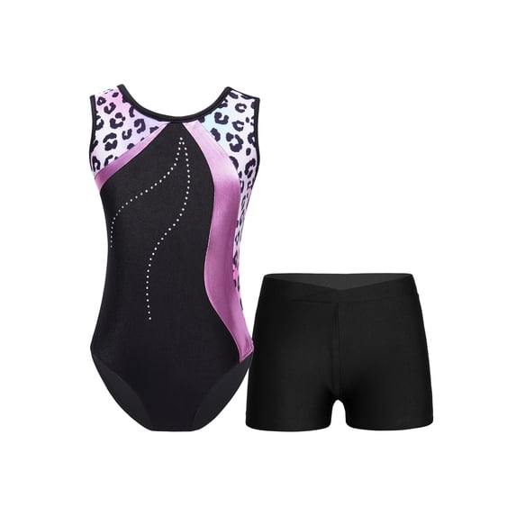 iiniim Girls Gymnastics Leotards with Active Shorts Dance Leotard Ice Skating Outfit Pink Leopard 9-10