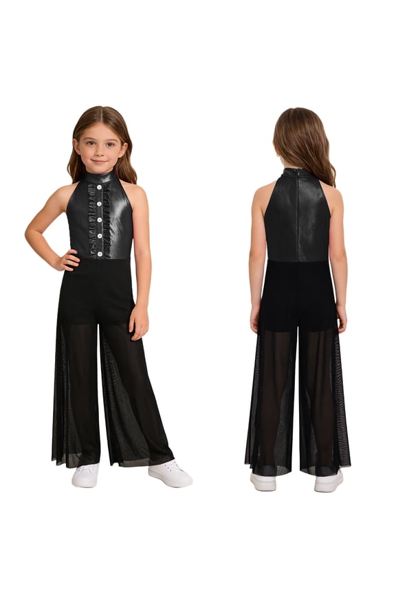 Girls Gymnastics Unitards Sleeveless Ruffle Ballerina Leotard Metallic Jazz Cha Cha Dance Jumpsuit For Competitions Black 10