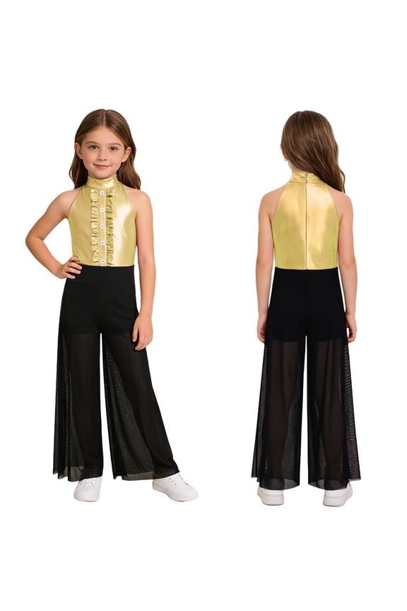 Girls Gymnastics Unitards Sleeveless Ruffle Ballerina Leotard Metallic Jazz Cha Cha Dance Jumpsuit For Competitions Gold 8