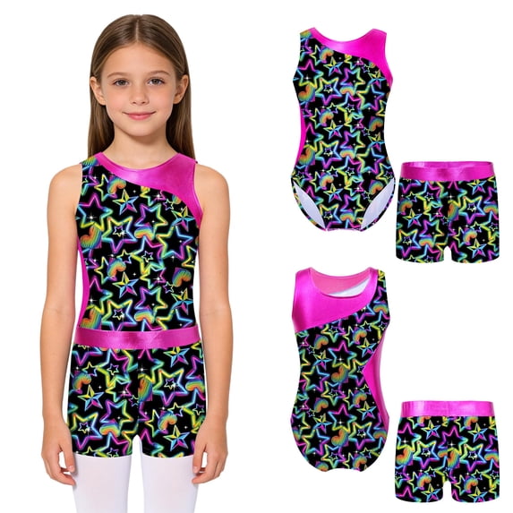 iiniim Girls Gymnastics Yoga Dance Sport Sets Print Leotard with Shorts Dancewear Size 4-16 Pentagram Black 4