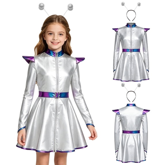 iiniim Girls Halloween Alien Long Sleeves Zip Up A-line Dress with Belt and Hair Hoop Shiny Metallic Outer Space Silver 8