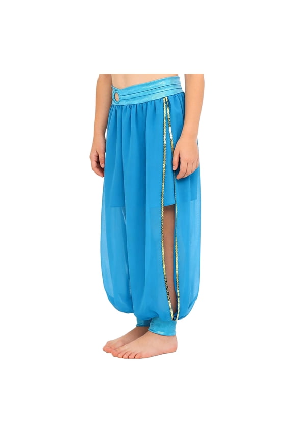 Girls Halloween Belly Dance Bloomers Split India Arabian Stage Performance Dancewear Pants Blue 6