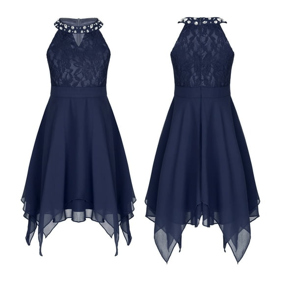 iiniim Girls Halter Neck High-Low Junior Bridesmaid Pageant Formal Floral Lace Party Ball Gown Dress