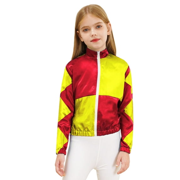 iiniim Girls Horse Racing Jacket Color Contrast Coat Long Sleeve Zipper Top for Kids Riding Show Burgundy 14