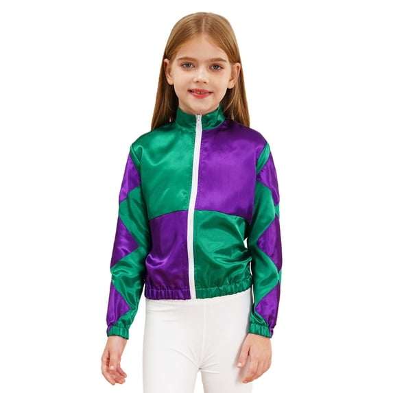 iiniim Girls Horse Racing Jacket Color Contrast Coat Long Sleeve Zipper Top for Kids Riding Show Green 16