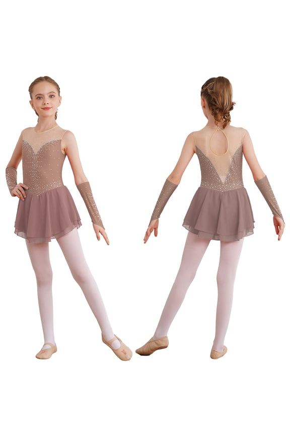 Girls Ice Figure Skating Dress Latin Dance Competition Gymnastics Skirt Leotard with Gloves Dusty Pink 6
